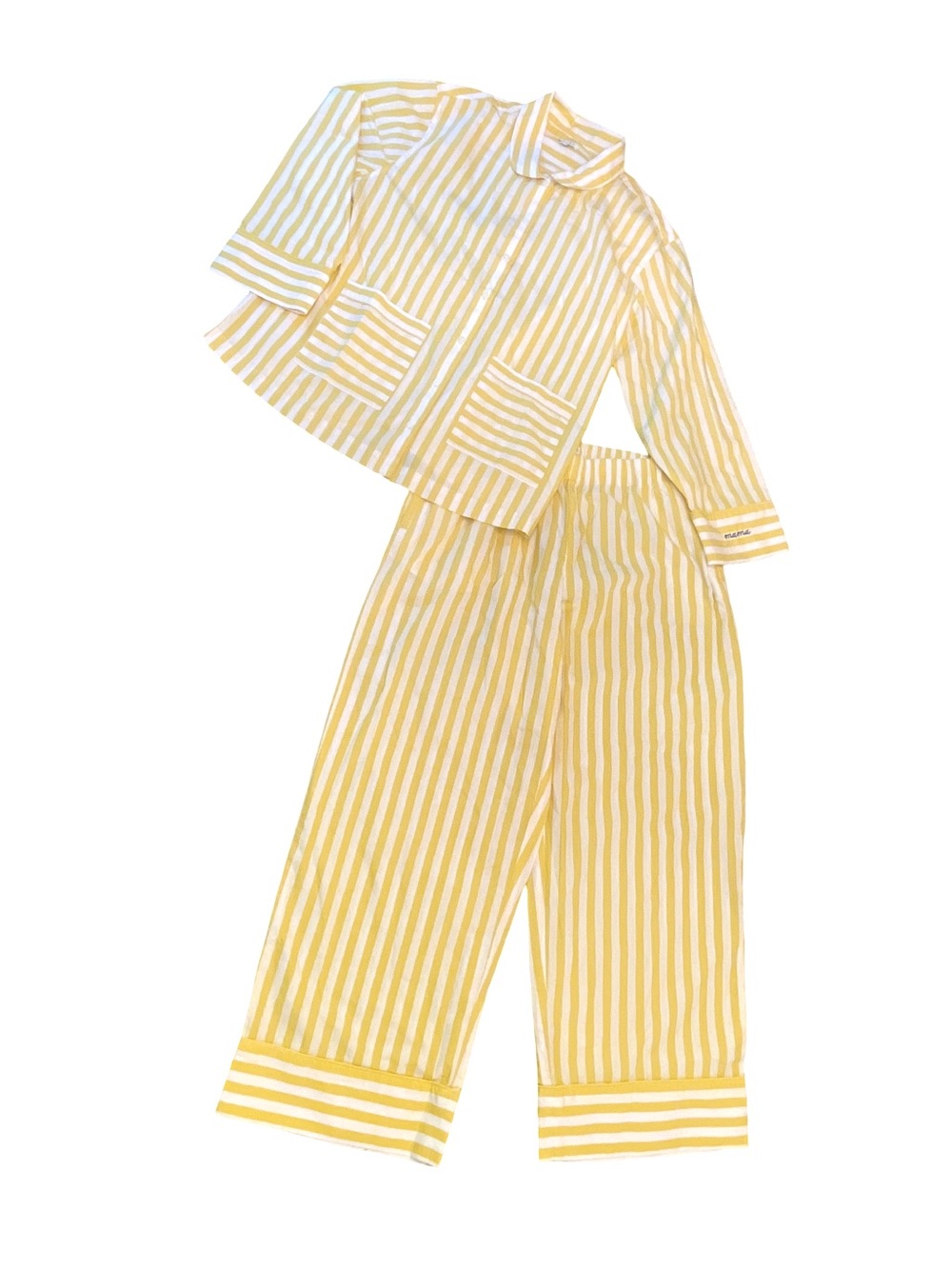 Lake Pajamas Yellow and White Striped Cotton PJ Set - "mama" Embroidered